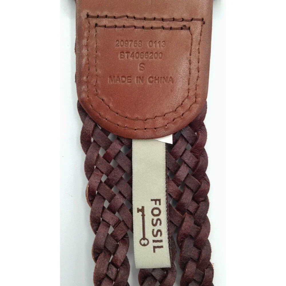 Fossil Belt Wn S Brown Leather Braided Woven Brass Buckle Boho Hippie Western